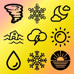Vector icon set  about weather with 9 icons related to car, snowflake, white, emergency and damage