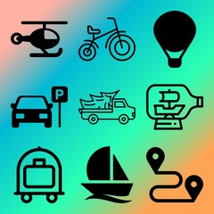 Vector icon set  about transport with 9 icons related to blades, bicycle, service, nature and motor