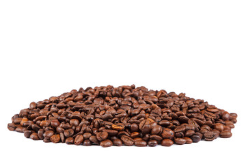 Grains of roasted coffee on white background.