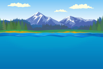 Beautiful horizontal landscape with forest and mountains on background and lake with underwater on foreground