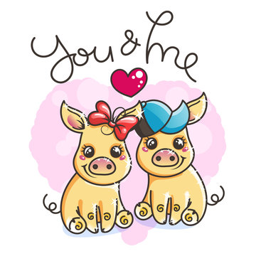 Cute cartoon golden baby pigs in love