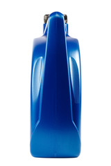 Canister with motor oil on white background