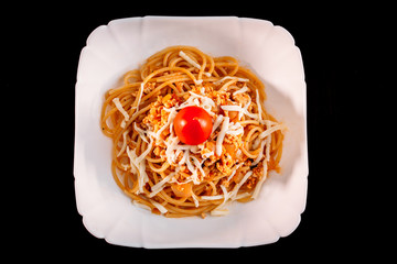 European international fusion cuisine, a beautiful dish on a white plate decorated with herbs and...