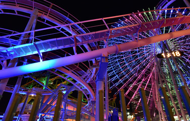 Night view of the park`s Ferris wheel and colorful illumination lights