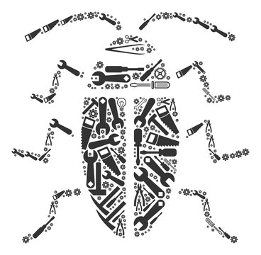 Cucaracha mosaic of service instruments. Vector cucaracha icon is created of gear wheels, hammers and other service items. Concept of technician service.