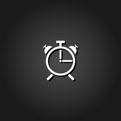 Alarm clock icon flat. Simple White pictogram on black background with shadow. Vector illustration symbol