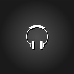 Headphone icon flat. Simple White pictogram on black background with shadow. Vector illustration symbol