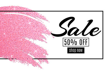 Luxury fashionable banner for sale. Black text in frame. Grunge line hand drawn. Pink glitters. Lipstick with sequins. Luxury web cover for your design. Vector illustration
