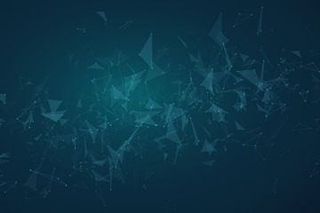 Abstract futuristic geometric background from flying blue triangles. Glowing connected triangles. Plexus. Scientific background for your design. Vector illustration