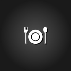 Plate with fork and spoon icon flat. Simple White pictogram on black background with shadow. Vector illustration symbol