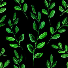 Seamless Realistic Watercolor Greenery Pattern. Hand Drawn Eucalyptus Leaves and Branches Print. Summer, Spring Forest Herbs, Plants Texture. Foliage in Vintage Style. Nature Eco Friendly Concept.