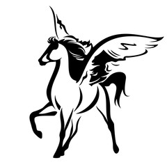 winged horse design - black and white pegasus vector outline