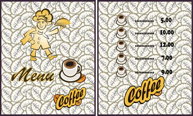 Vector illustration of a cook menu of a restaurant or bar. The cook carries a hot meal, a logo. Hot coffee or tea.