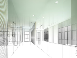 sketch design of interior hall, 3d rendering