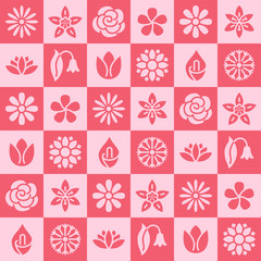 Flowers seamless pattern with flat glyph icons. Floral background beautiful garden plants chamomile, sunflower, rose flower, lotus, carnation, dandelion, violet blossom. Pink red color.