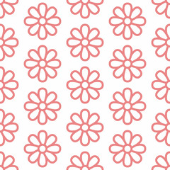 Floral seamless pattern with flat line icons of daisy chains. Flower background beautiful garden chamomile plant. Pink white color texture for kids fabric.