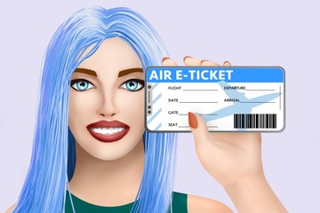 Concept air e-ticket (electronic ticket). Drawn beautiful girl on colored background. Illustration