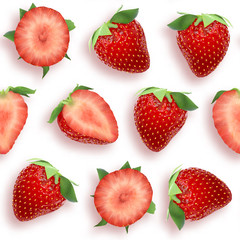 Strawberry seamless pattern slices and whole berries, top view on white background. Vector stock illustration