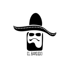 El bandido vector logo with man head in sombrero. Mexican logotype with character. Black white vector icon