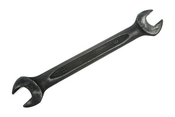 Old grungy wrench on white background. Isolated image of antiquare spanner.