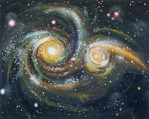 The collision of galaxies in the Cosmos. Painting: oil, canvas. Decorative and textured techniques...