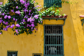 Fototapeta na wymiar Old colonial facade in Cartagena Colombia