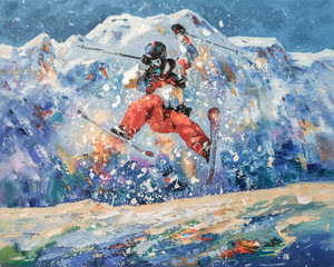 Freestyle. A skier in flight against the backdrop of the snowy mountains of the ski resort of Rosa Khutor. Painting: oil, canvas. Decorative and textured techniques on canvas. Author: Nikolay Sivenkov
