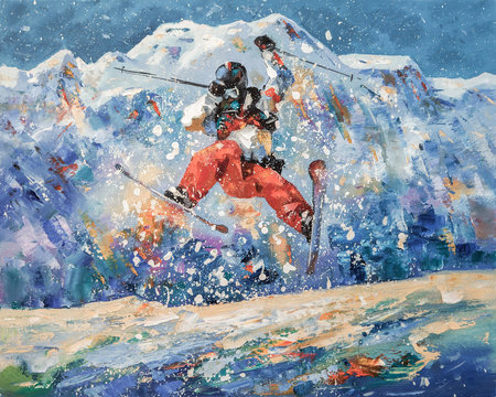 Freestyle. A skier in flight against the backdrop of the snowy mountains of the ski resort of Rosa Khutor. Painting: oil, canvas. Decorative and textured techniques on canvas. Author: Nikolay Sivenkov