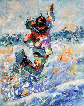 Snowboarder in a spectacular jump. Painting: oil, canvas. Decorative and textured techniques on canvas. Author: Nikolay Sivenkov.