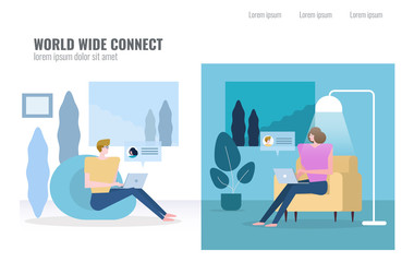 Fototapeta premium People chatting in different time zone. World wind connect concept. flat character design vector illustration