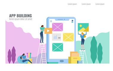 People building Mobile Application. Flat design vector illustration.