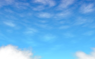 Blue sky background with white clouds. Abstraction group of clouds on clear blue sky on sunny day. 3D illustration