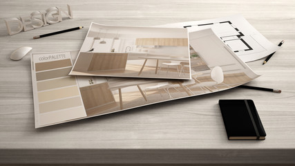 Architect designer concept, table close up with interior renovation draft, plan and color palette, project idea background, modern wooden kitchen