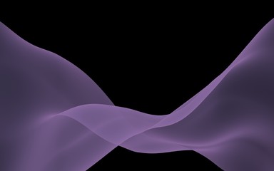 Abstract purple wave. Raster air background. Bright purple ribbon on dark background. Purple scarf. Abstract smoke. 3d illustration