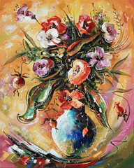 A bright bouquet of flowers in a vase. Still life - a decorative texture on canvas. Author: Nikolay Sivenkov.
