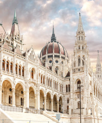 the main tourist attraction in Budapest and all of Hungary - the great Gothic architecture of the Parliament building, travel and sightseeing concept - obrazy, fototapety, plakaty