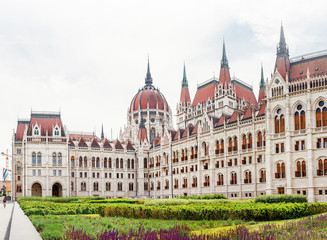 Fototapeta na wymiar the main tourist attraction in Budapest and all of Hungary - the great Gothic architecture of the Parliament building, travel and sightseeing concept