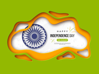 Indian Independence day holiday background. Paper cut shapes with shadow, 3d wheel and halftone effect in traditional tricolor of indian flag. Greeting text. Vector illustration.