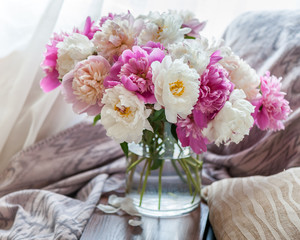 Glorious pastel bouquet of peonies in glass vase on table by window. Soft focus.