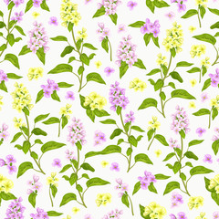 Vector seamless pattern with pink and yellow flowers on light background. Pastel floral illustration for textile, print, wallpapers, wrapping.