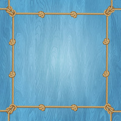 Square template, banner or greeting card on a blue wooden background with ropes, vector illustration