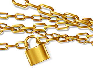 The realistic golden metal chain and padlock, handcuffed card, vector illustration