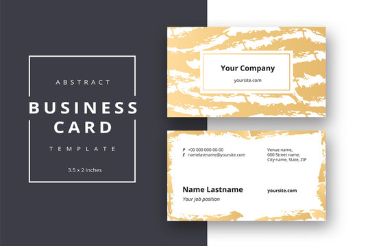 Trendy minimal abstract business card template in golden color. Modern corporate stationery id layout with geometric pattern. Vector fashion background design with information sample name text.