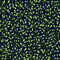 Vector seamless  pattern with bright green leaves on dark background.  floral illustration for textile, print, wallpapers, wrapping.