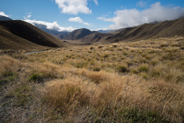 snow mountain in summer have a brown meadow.
