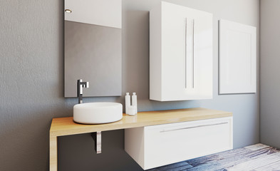 Modern bathroom with large window. 3D rendering. Blank paintings.  Mockup.