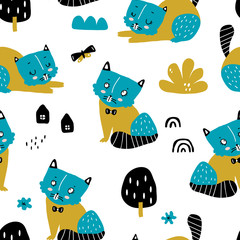 vector seamless background pattern with beautiful scandinavian cats for baby shower,  fabric, textile