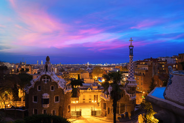 Obraz premium Park Guell in Barcelona, Spain at night. Barcelona skyline..