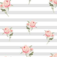 pattern, watercolor flowers, pink roses with Bud, texture, striped background