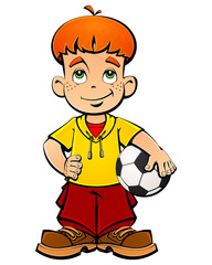 Red-haired boy with a soccer ball.